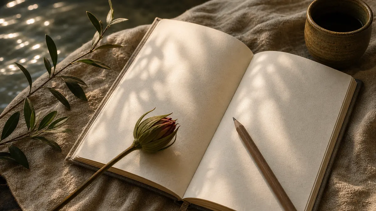 An open journal with a graphite pencil and a closed calyx bud